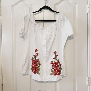 Woman’s Klaxons Off Shoulders Embroidered Embellished White Shirt Size 3 XL